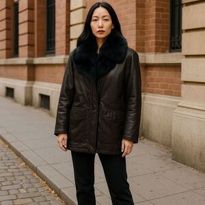 Women's Black Leather Jacket with Fur Collar